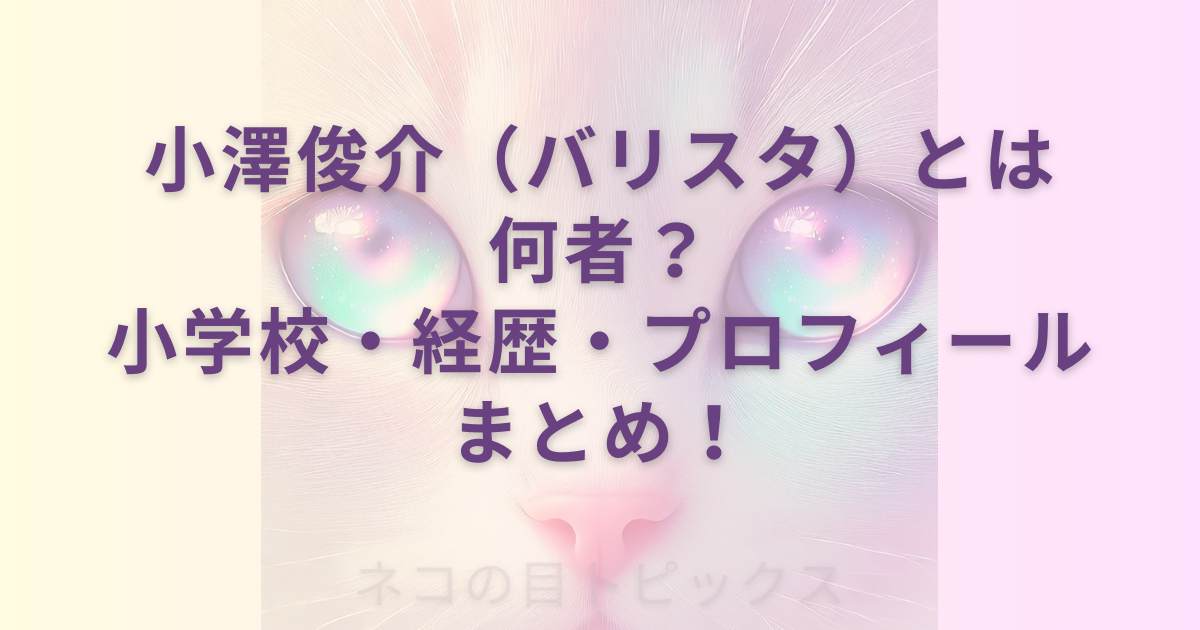 透過性のあるネコの顔のアップを背景に 小澤俊介（バリスタ）とは何者？小学校・経歴・プロフィールまとめ！
