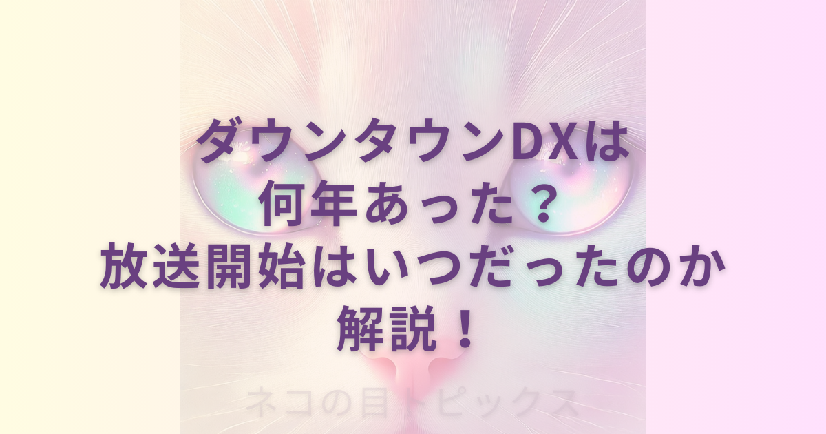 透過性のあるネコの顔のアップを背景にダウンタウンDXは何年あった？放送開始はいつだったのか解説！と記載